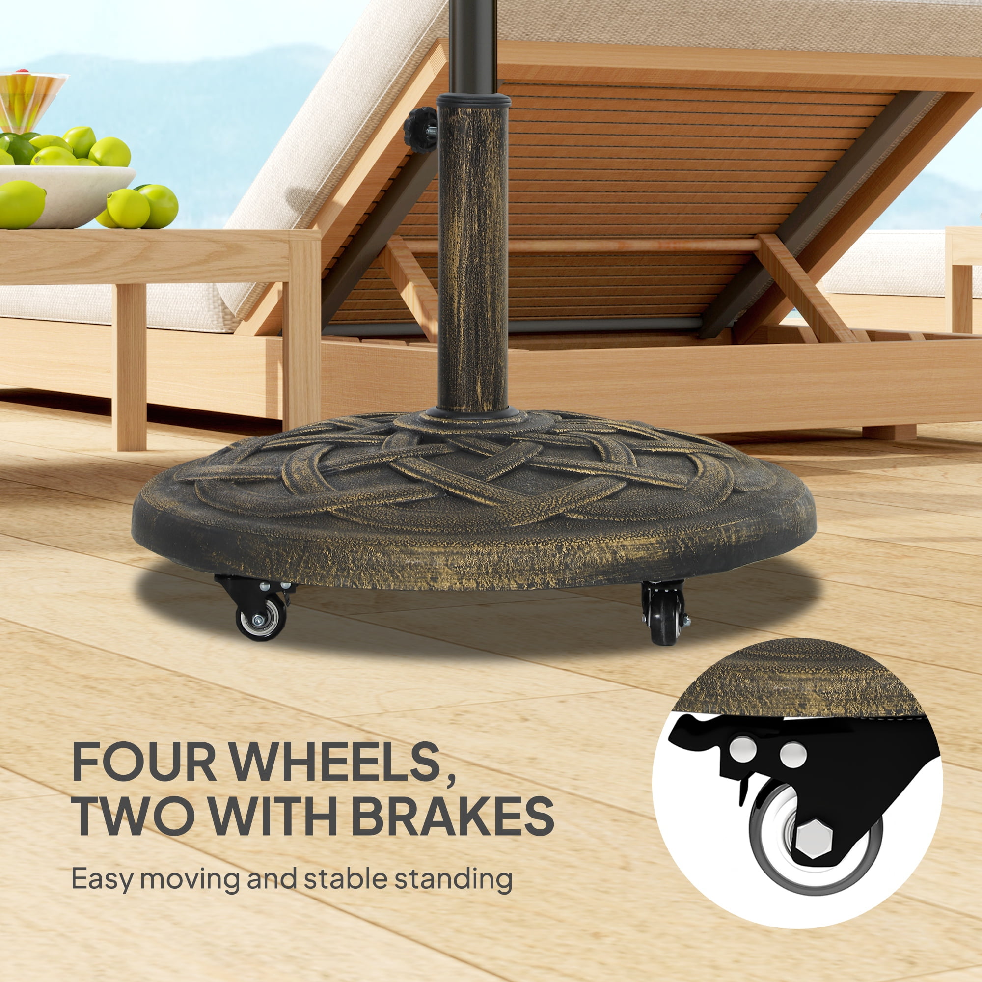 Outsunny Round Patio Umbrella Base with Wheels, 44 lbs Resin Umbrella Stand Base, Patio Umbrella Holder for 1.3"/1.5"/1.9" Umbrella Poles, Bronze