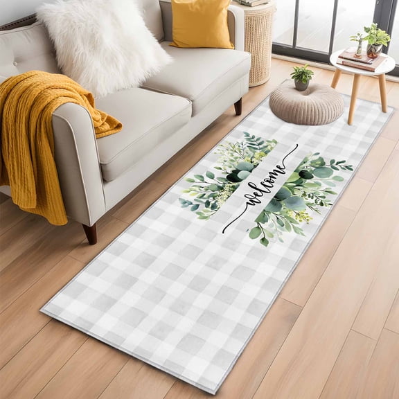 Eucalyptus Kitchen Runner Rug 2x6 Washable Runners for Hallway Non Slip Sage Green Botanical Flower Plaid Check Large Area Rug Indoor Floor Carpet for Bathroom Laundry Entryway Bedroom Living Room