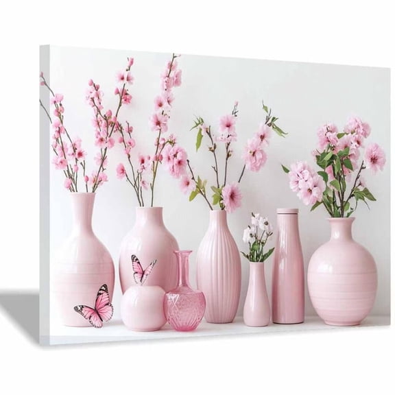 Mudket Pink Cherry Blossom in Vase Canvas Wall Art, Framed Floral Print, Ready to Hang Wall Decor for Living Room Bedroom Bathroom, Modern Farmhouse Flower Artwork - 12"L x 8"W