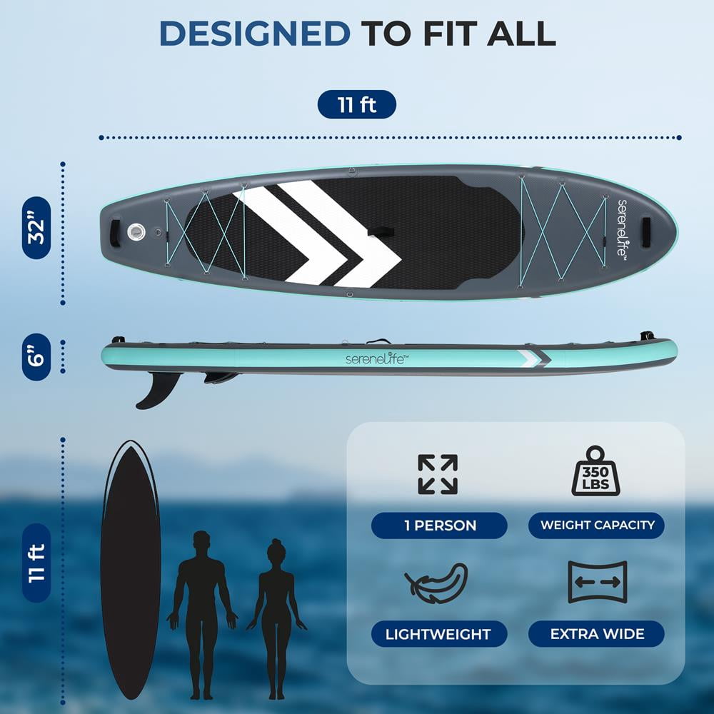 SereneLife 11 Inflatable Stand Up Paddle Board with Premium SUP Accessories - 32 Wide Stable Design with Non-Slip EVA Deck Pad for Youth and Adults, 350 lbs. Capacity