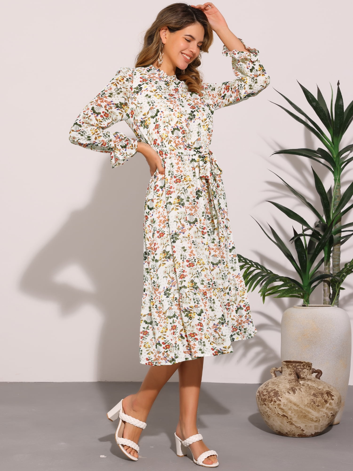 DARING DIVA Fall Floral Long Sleeve Chiffon Midi Dress XL White