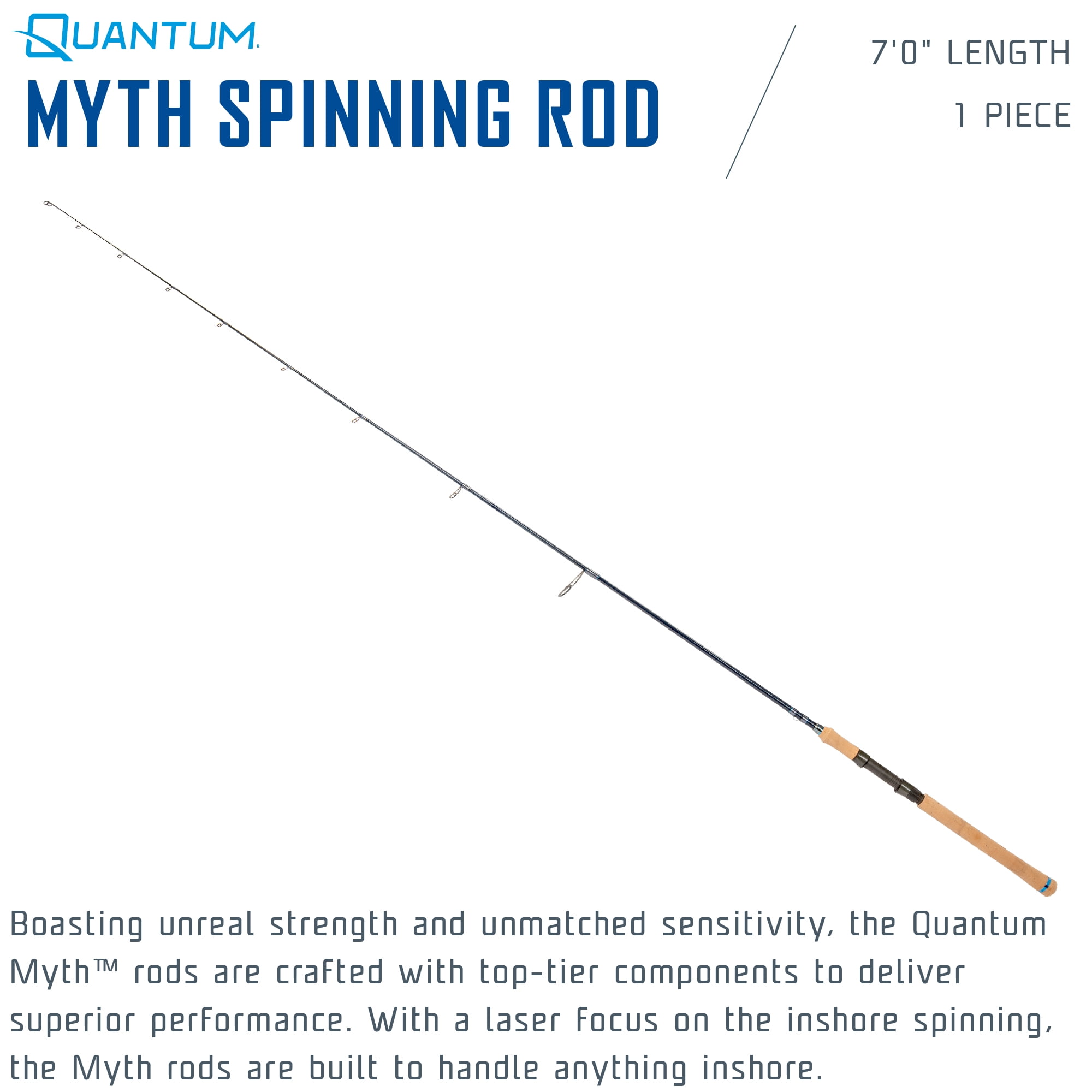Quantum Myth Spinning Fishing Rod, 7-Foot, 1-Piece, Medium-Light Power, Fast Action Rod, HXS30 Graphite Blank, Seaguide Line Guides, Fuji DPS Reel Seat, Cork Handle, Gray/Blue