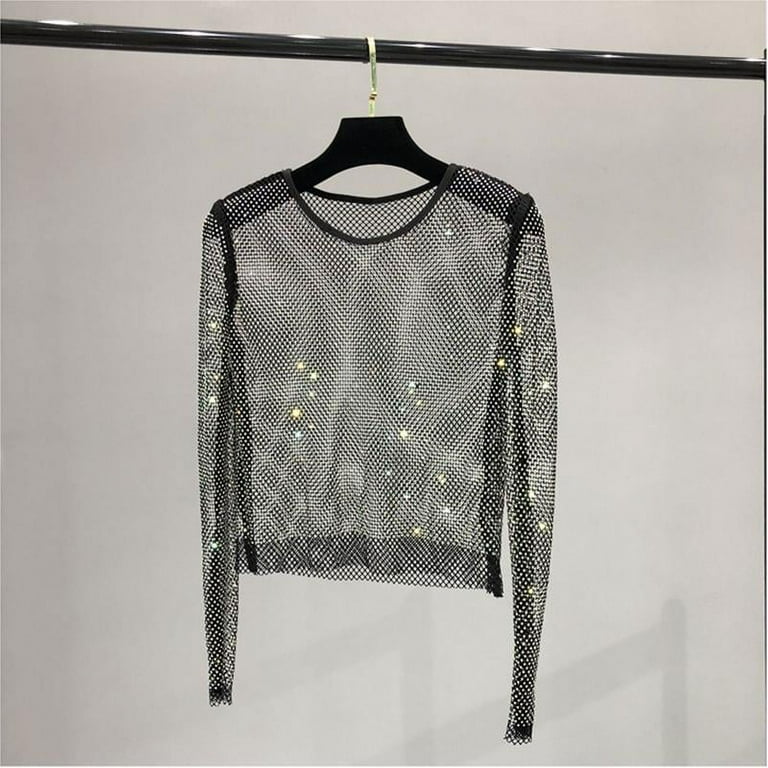 ZOYONE Women Sexy See Through Mesh T-Shirt Glitter for Rhinestone