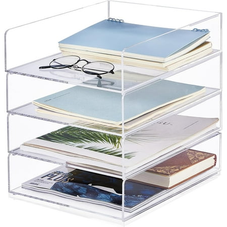 4 Tier Paper Organizer Letter Tray Acrylic Desk File Organizer Heavy Duty Stackable Documents Clear Letter Paper Holder Sorter Office Tray for A4 Office Classroom Home File Pad Notebooks