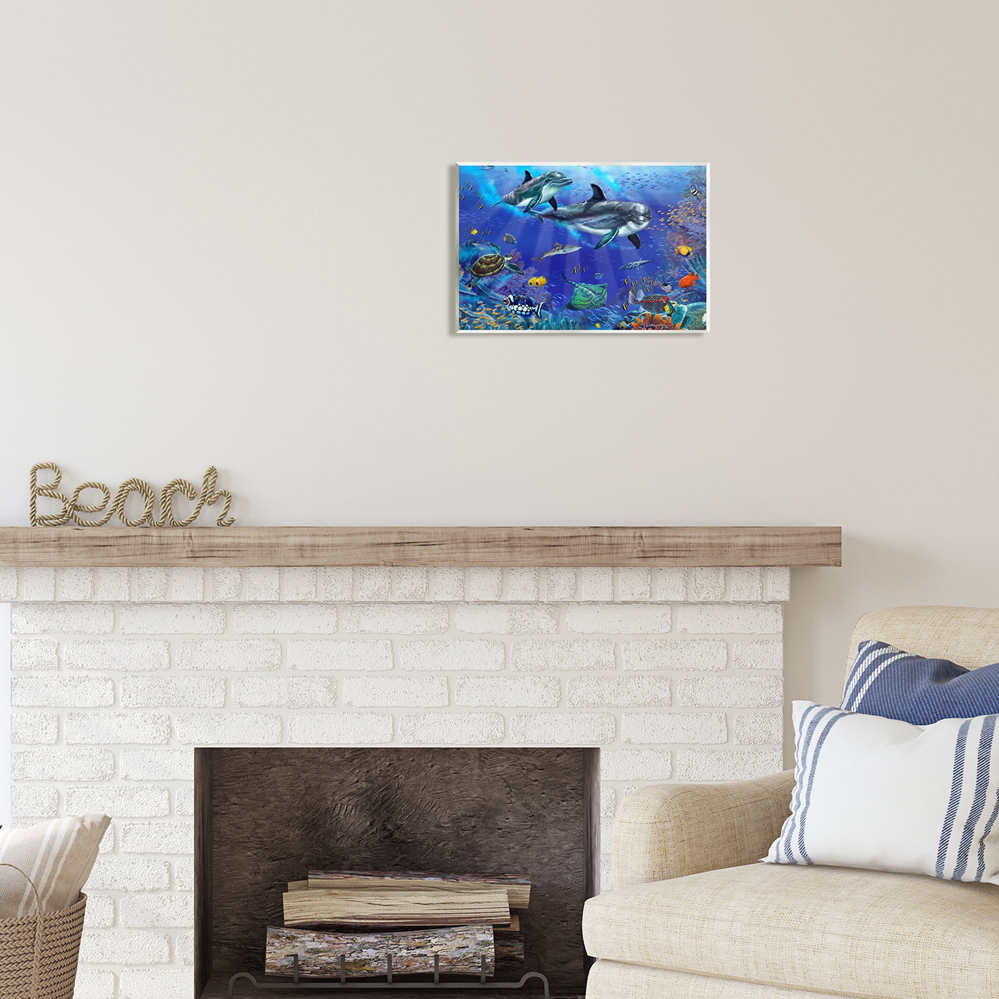 Stupell Industries Underwater Sea Life Scene Dolphins Coastal Painting Unframed Art Print Wall Art