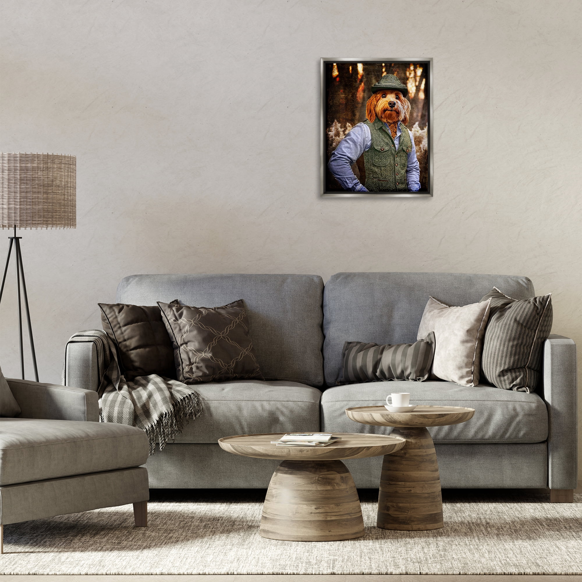 Stupell Industries Terrier Dog Classic Clothing Animals & Insects Painting Gray Floater Framed Canvas Art Print Wall Art, 17 x 21