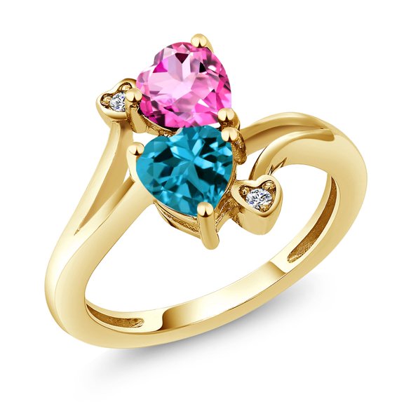 Gem Stone King 18K Yellow Gold Plated Silver Pink Mystic Topaz London Blue Topaz and White Diamond Ring for Women (1.93 Cttw, Heart Shape 6MM, Gemstone Birthstone, Size 5)