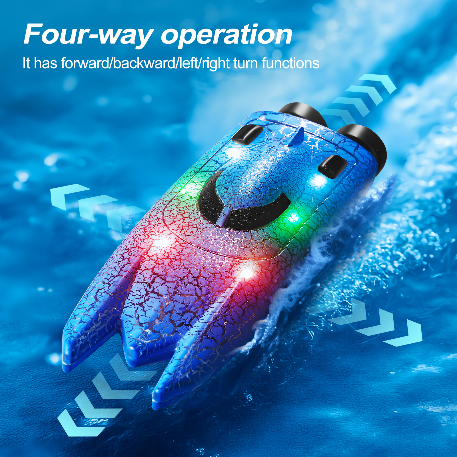 LED Light RC Boat Remote Control Pool Water Toys for Kids Ages 8-12 Adults Lakes Bathtub Toy with Whole Body Waterproof,Low Battery Alarm,2.4Ghz,Control Range 50M,Rechargeable Battery