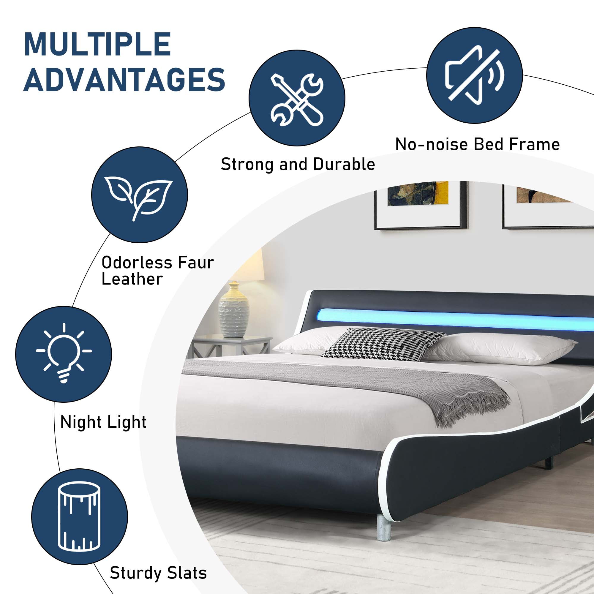 Aukfa Upholstered LED Bed Frame, Faux Leather Queen Platform Bed with 16 LED Light Headboard - Black/White
