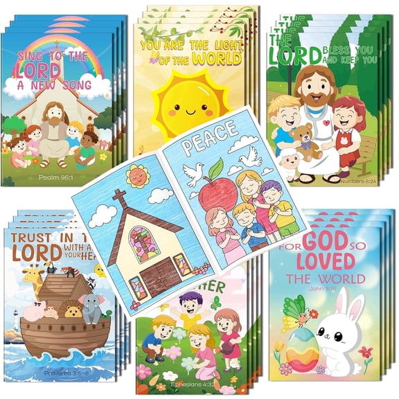Kalysky 24 Mini Christian Bible Coloring Book, featuring multi-module Bible content, ideal as bulk Sunday school gifts for children, religious party favors, and travel activities