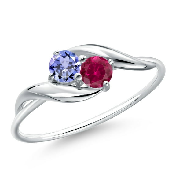 Gem Stone King 10K White Gold Round Blue Tanzanite and Red Created Ruby Ring for Women (0.43 Cttw, Round 3.5MM, Gemstone December Birthstone, Size 8)
