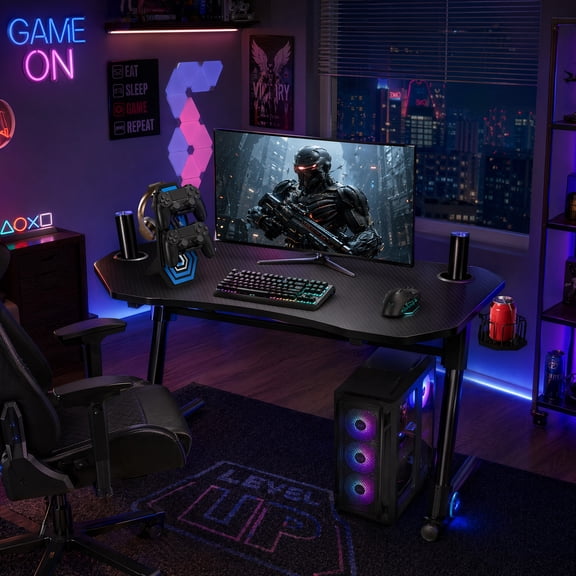 43.5" Height Adjustable Gaming Desk with LED Light, Computer Desk with Cup Holder, Black
