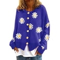 thumbnail image 2 of Manteaux Vestes d'Automne Cardigans Chandails pour Femmes, Cardigan Décontracté à Manches Longues à Col Rond avec Boutons, Cardigan en Tricot à Imprimé Petite Marguerite Bleu, 2 of 4