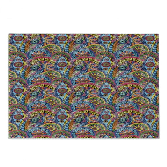 Floral Cutting Board, Hippie Style Abstract Blooms with Aztec Tribal Antique Geometric Pattern Trippy Boho, Decorative Tempered Glass Cutting and Serving Board, Small Size, Multicolor, by Ambesonne