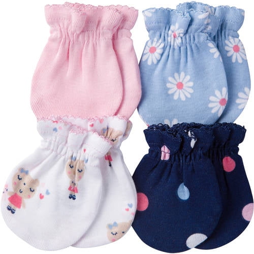 Gerber Newborn Baby Girl Assorted Mittens, 4Pack