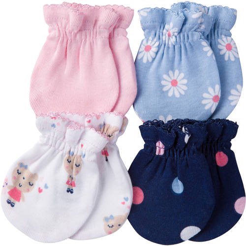 Gerber Newborn Baby Girl Assorted Mittens, 4Pack