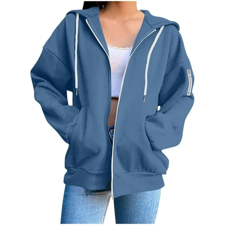 Womens Zip Up Hoodie Womens Fleece Hooded Top Warm Oversized Long Sleeve Sweatshirt with Pockets Fall Hoody Jackets Fall Winter Cardigan Zipped Sweat Tops Thermal Outwear 03-navy S