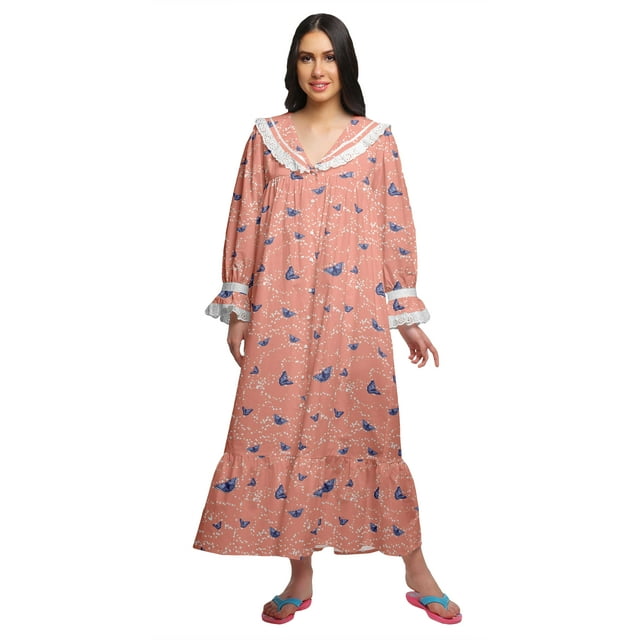 Moomaya Printed V-Neck Sleepwear Cotton Ruffled Border WoMen's Maxi Nightdress