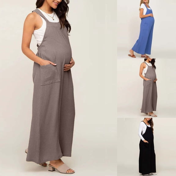Meichang Women's Maternity Wide Leg Jumpsuit Sleeveless Casual Pregnancy Overalls Romper with Pockets