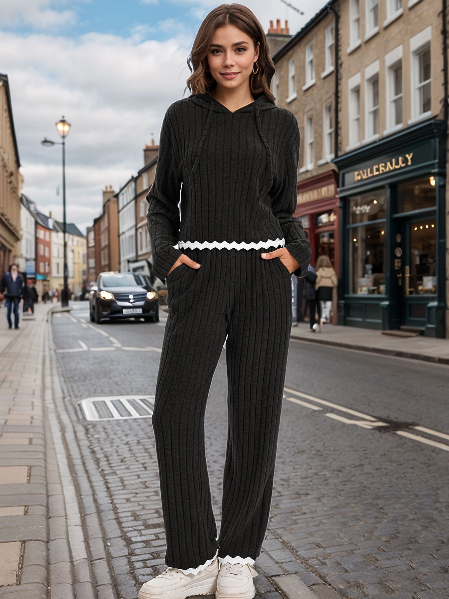 DARING DIVA Women's Lounge Set with Wide Leg Pant and Hoodie Top S Black