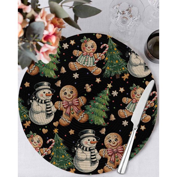 15 Inch Round Placemats Set of 6, Black Christmas Non Slip Heat Insulation PP Table Mats, Xmas Tree Gingerbread Snowman Winter Washable Place Mats for Kitchen Dining Party Table Decor