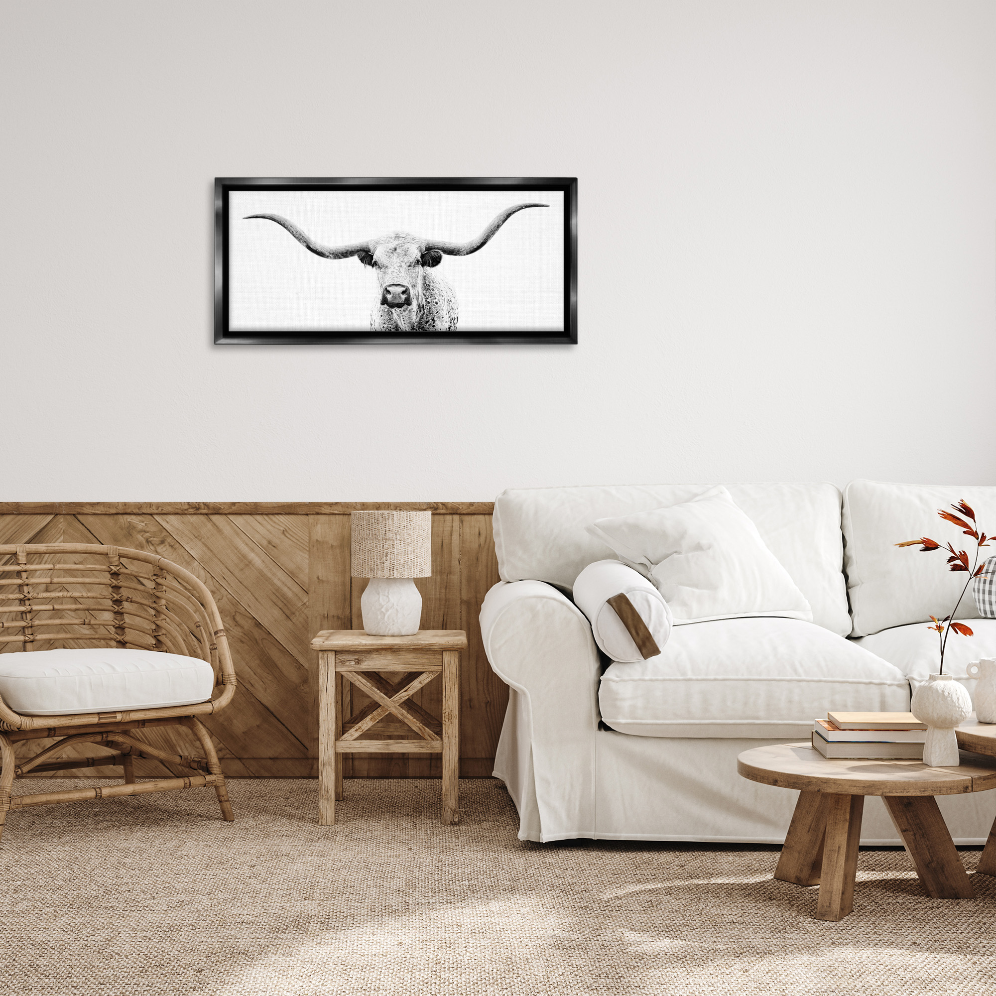 Stupell Industries Modern Longhorn Cattle Gazing Animals & Insects Photography Black Floater Framed Canvas Art Print Wall Art, 31 x 14