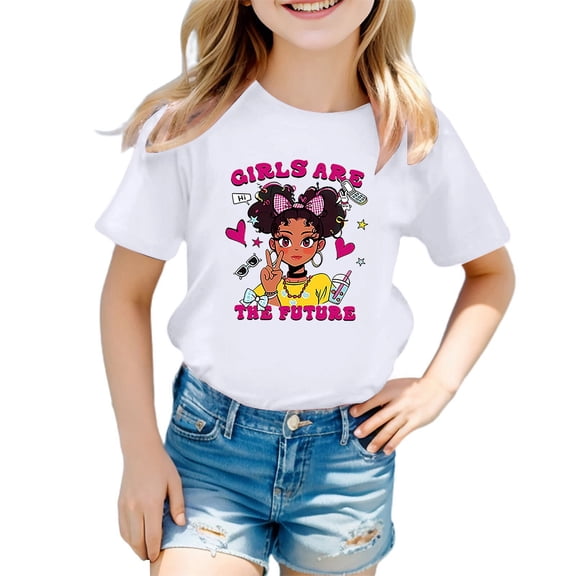 Girl Shirts Size 11-12Y Unisex Cartoon Character Print Short Sleeve Round Neck Tee Summer Casual Girls Clothes
