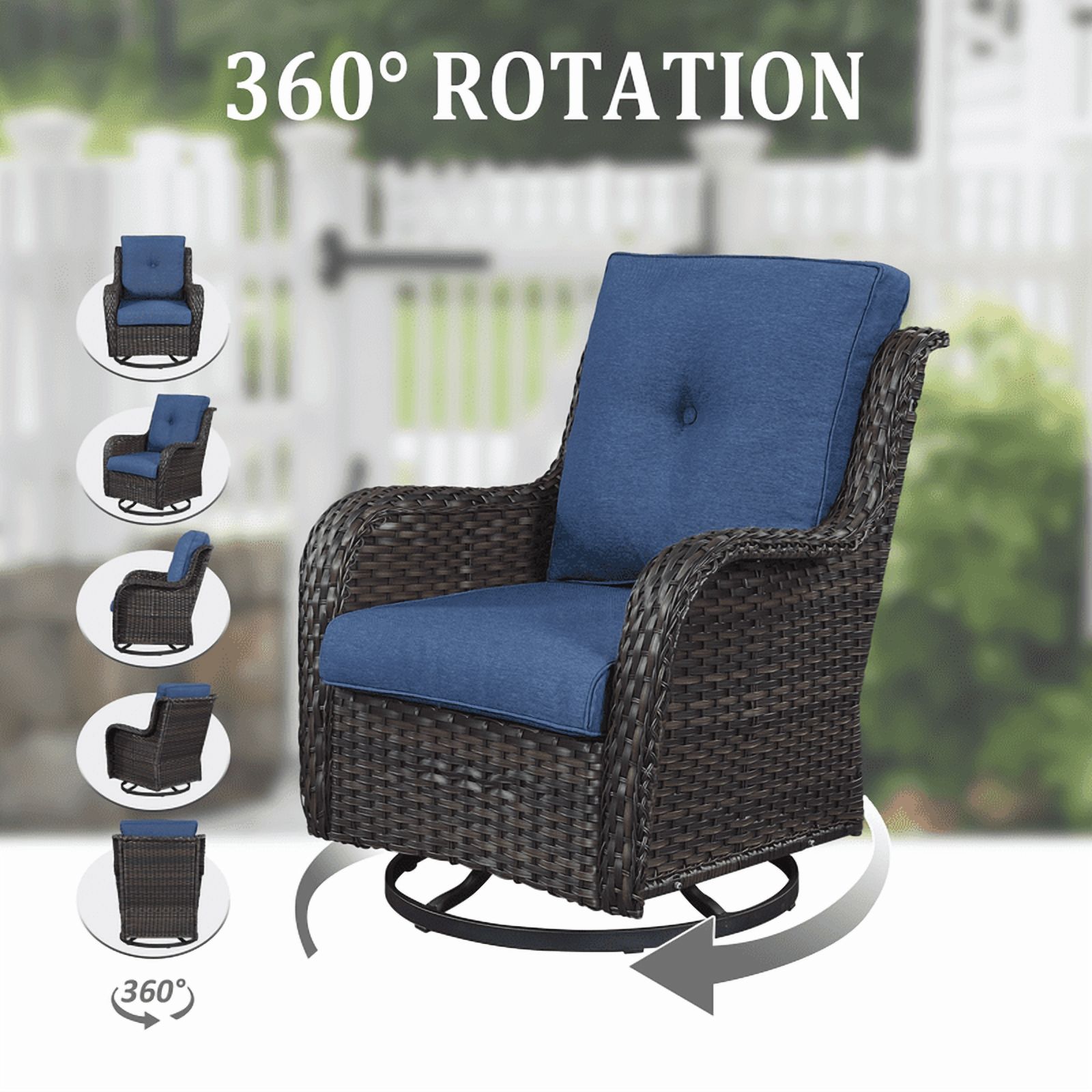 6 Piece Patio Furniture Set with 41" Fire Pit Table, Outdoor All Weather Wicker Rattan Furniture with Swivel Rocking Chairs, Ottomans and 3-Seat Sofa for Backyard Balcony Deck, Blue/Brown