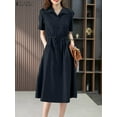 thumbnail image 3 of Summer Elegant Dresses Women Short Sleeve Work Vestido Loose Solid Turn Down Collar Shirt Dress Elastic Waist Sundress, 3 of 7
