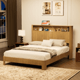 thumbnail image 2 of Queen Bed Frame with Bookcase Headboard, Wooden Platform Bed Frame Queen Size with Charging Station, Noise Free, No Box Spring Needed, Natural, 2 of 9