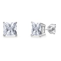 Gem Stone King 14K White Gold White Zirconia Double Notch Stud Earrings | 2.50 Cttw | Gemstone Birthstone | Princess 6MM | Gold Earrings for Women Men