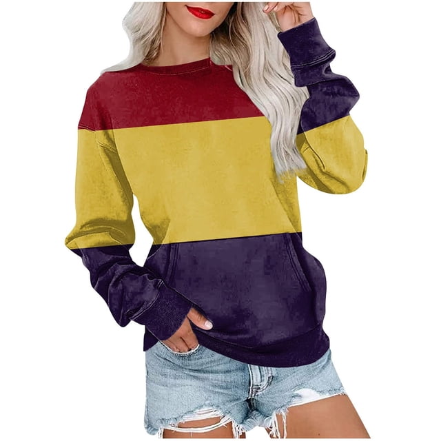 Pisexur Chandails pour Femmes 2024 à Blocs de Couleur Patchwork Chandails à Col Rond Chandails à Manches Longues pour Femmes Décontracté Ample Surdimensionné Chandail à Capuchon Chandail à Enfiler Hauts Mode Vêtements d'Automne avec Poche