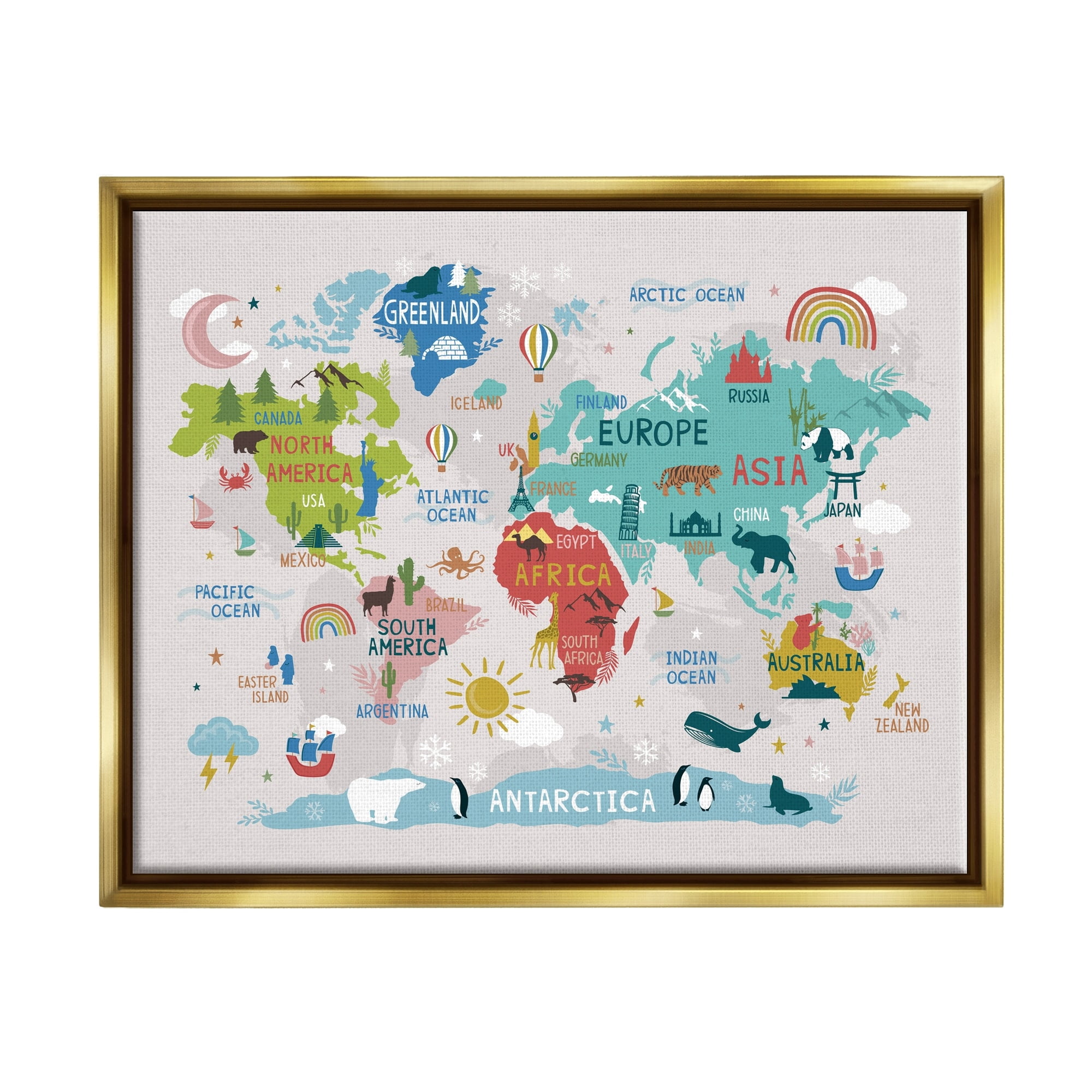 Stupell Industries Native Animals World Map Educational Wildlife Atlas Graphic Art Metallic Gold Floating Framed Canvas Print Wall Art, Design by Lisa Whitebutton