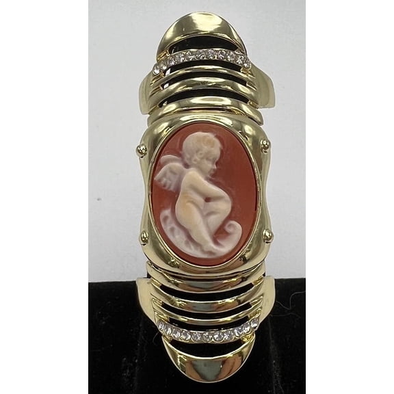 AMEDEO 20mm Cameo Crystal Goldtone Knuckle Ring, Size 5