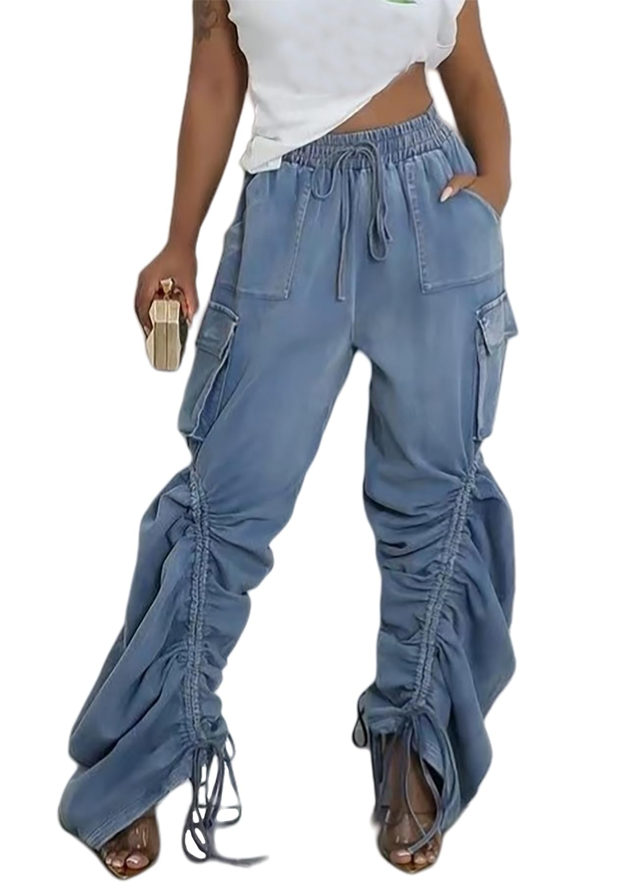 Women's Baggy Cargo Jeans - High Waisted Straight Leg Denim Pants With Multi-Pockets, Y2K Style