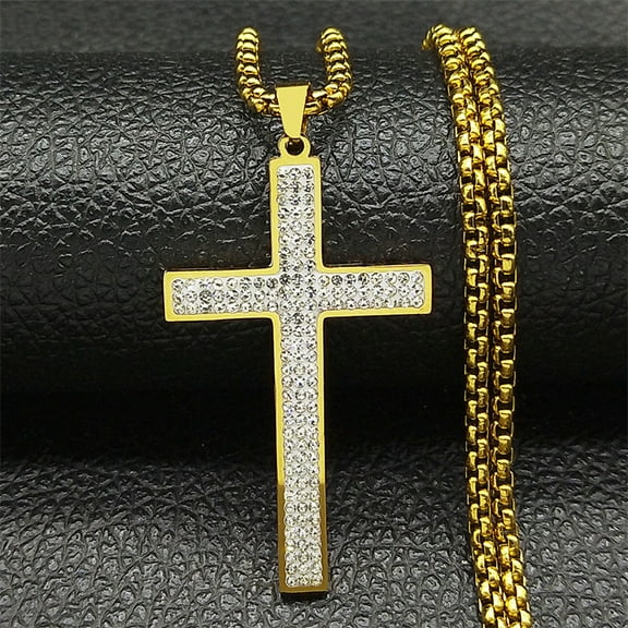 Trendy Cross Rhinestone Pendant Necklace For Women Men 14K Yellow Gold Religion Catholic Chain Jewelry Gifts