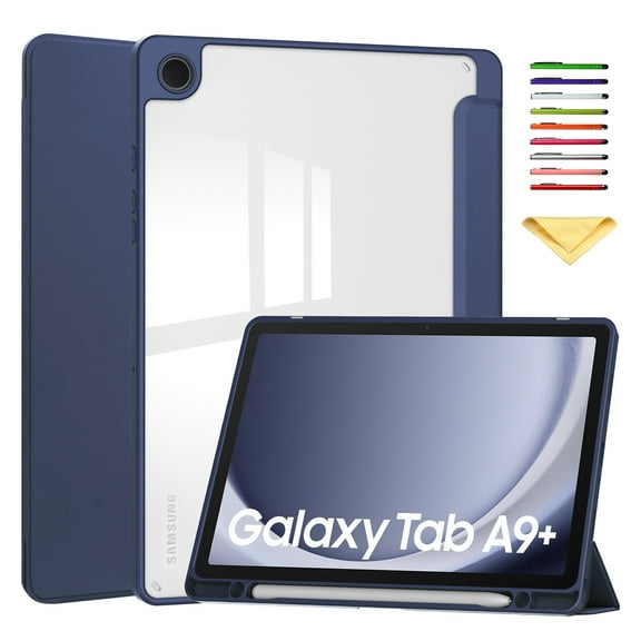 Allytechgroup Folio Case for Samsung Galaxy Tab A9 Plus/A9 11 Inch 2023 Model (SM-X210/X216/X218), Slim Trifold Stand Cover with Pencil Holder, Clear Back Shell Shockproof TPU Bumper Cover, Darkblue