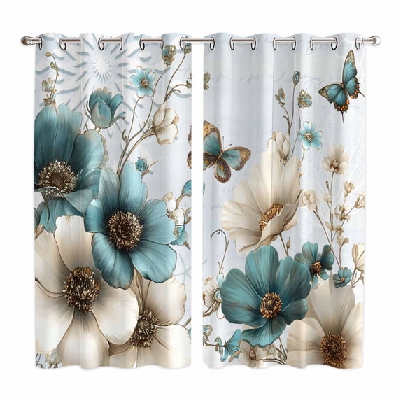 Teal Tulip Butterfly Kitchen Curtains Window Panels, Beige Turquoise Floral Blue Coastal Insulated Window Treatment Curtain, Grommet Curtains for Bedroom/Living Room/Bathroom, 2 Piece 42"Wx63"L