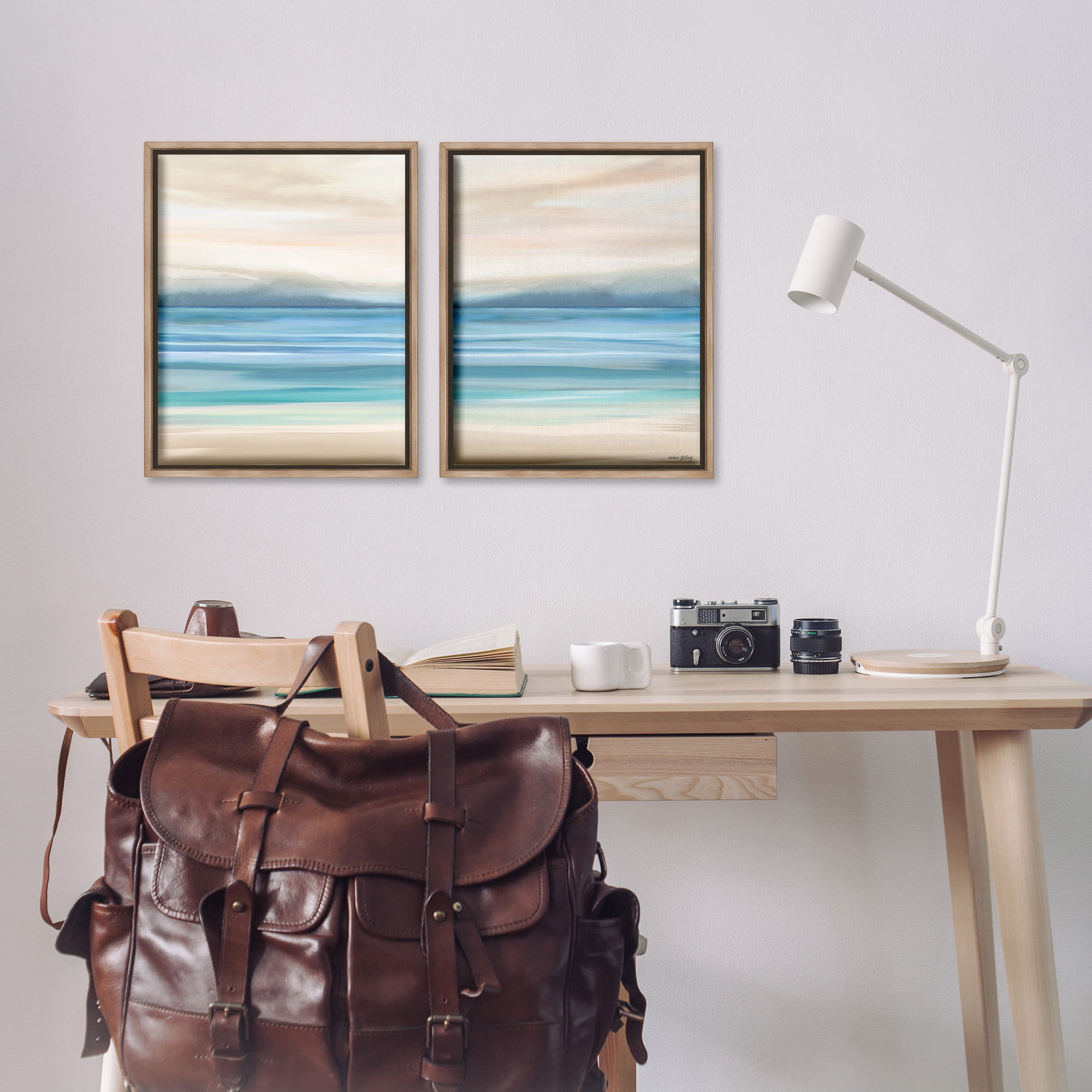 Stupell Industries Subtle Beach Seascape Landscape Painting Brown Floater Framed Canvas Art Print Wall Art, 17 x 21, Set of 2