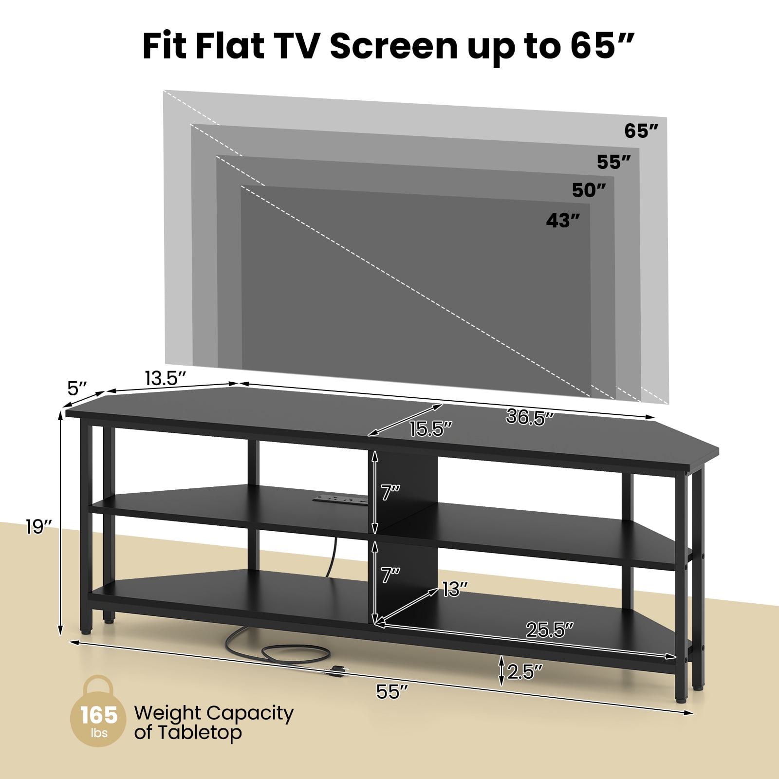 Giantex Nightcore Corner TV Stand, Entertainment Center for 65" TV, Console Table w/Metal Frame & AC Outlets, Media Console, Black