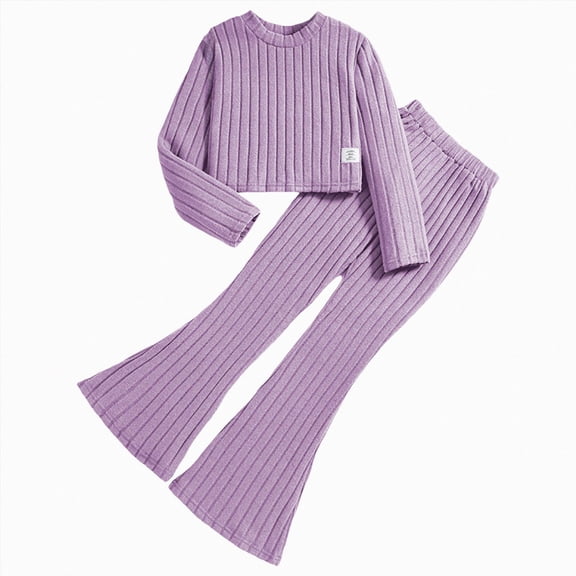 newwalpole Tween Girls 2 Piece Outfits Round Neck Long Sleeve Top and Flared Pants Kids Clothing Set Size 8-13 Years (Purple, 9-10 Years)