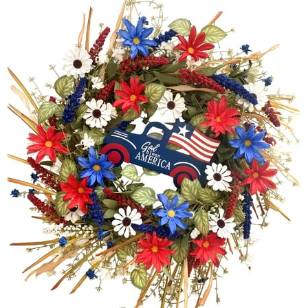22 Inch patriotic wreaths for front door,4th of july wreaths for front door, Roses Eucalyptus and Hydrangea Flowers for front door wreath, patriotic summer flag wreath