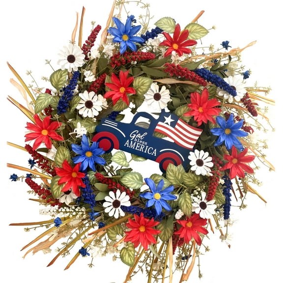 22 Inch patriotic wreaths for front door,4th of july wreaths for front door, Roses Eucalyptus and Hydrangea Flowers for front door wreath, patriotic summer flag wreath