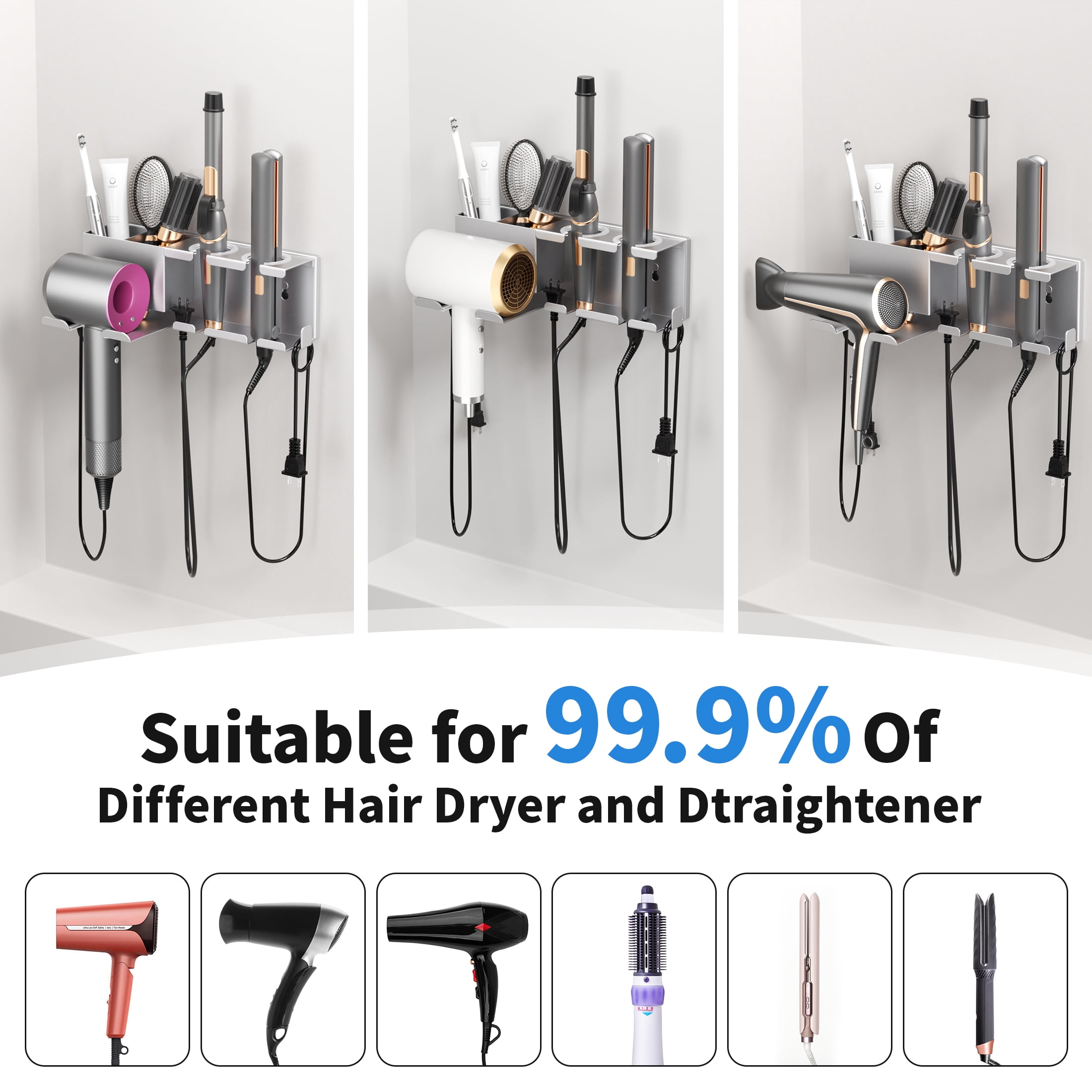 BOIVSHI Hair Dryer Holder Wall Mounted,Blow Dryer Holder for Bathroom, Metal Hair Dryer Rack, Muti-Function Hair Tool Organizer(Gray)