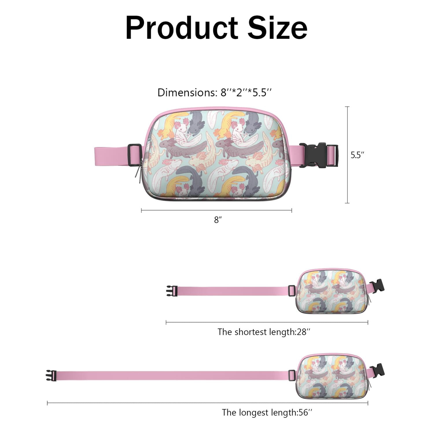Adorable Axolotl Waist Bag – Cute & Colorful Mythical Creature Fanny Pack for Women with Kawaii Cartoon Print, Great Gift for Fantasy Fans