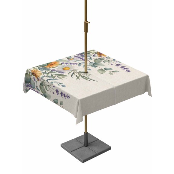 Outdoor Tablecloth with Umbrella Hole for Patio/Picnic/Party/Camping, Floral Eucalyptus Leaves Waterproof Table Cloth Square Cover Washable, Daisy Summer Botanical Rustic (54"x 54")