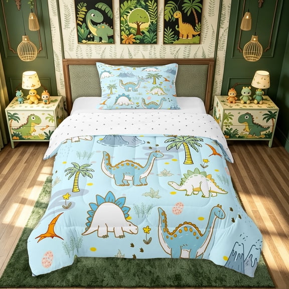 meiyoeat Cartoon Dino Twin Comforter Sets for Kids, Tropical Spinosaurus Wildlife Bedding Set, Sky Blue, Reversible, 2pcs, 1 Comforter and 1 Pillowcase