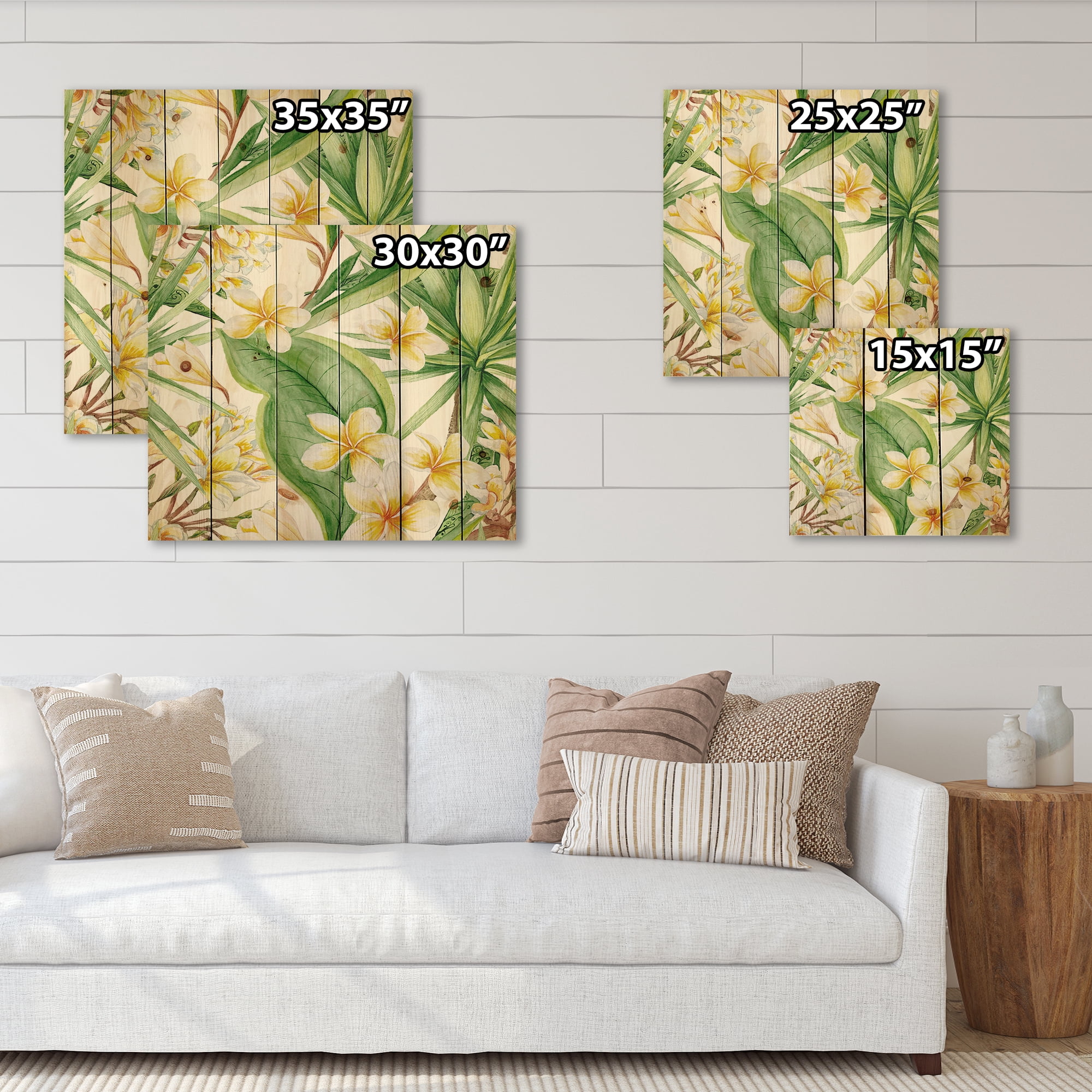 Designart 'Yellow Flowers and Tropical Foliage VII' Modern Print on Natural Pine Wood