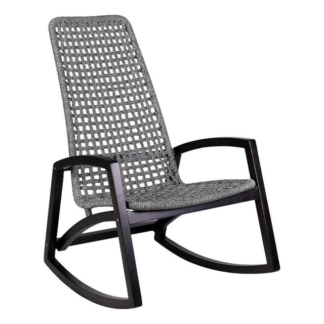 Armen Living Sequoia Wood & Rope Outdoor Patio Rocking Chair in Dark Wood/Gray