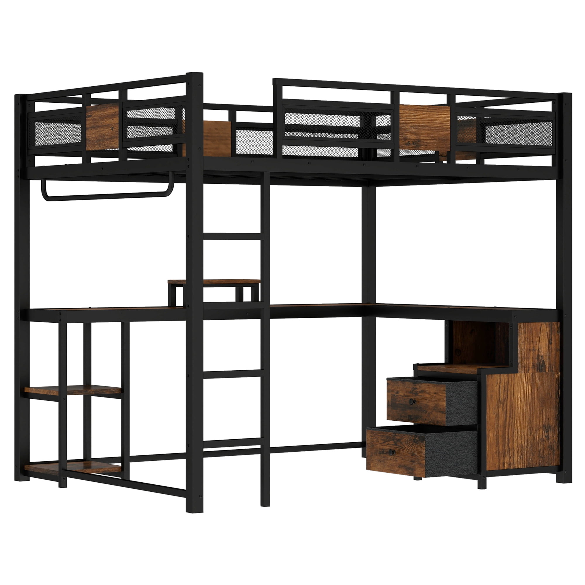 Leumius Queen Size Loft Bed with L Shape Desk,Metal Loft Bed Frame and Storage Drawers and Ladders,Nosie-Free,No Spring Box Needed,Black